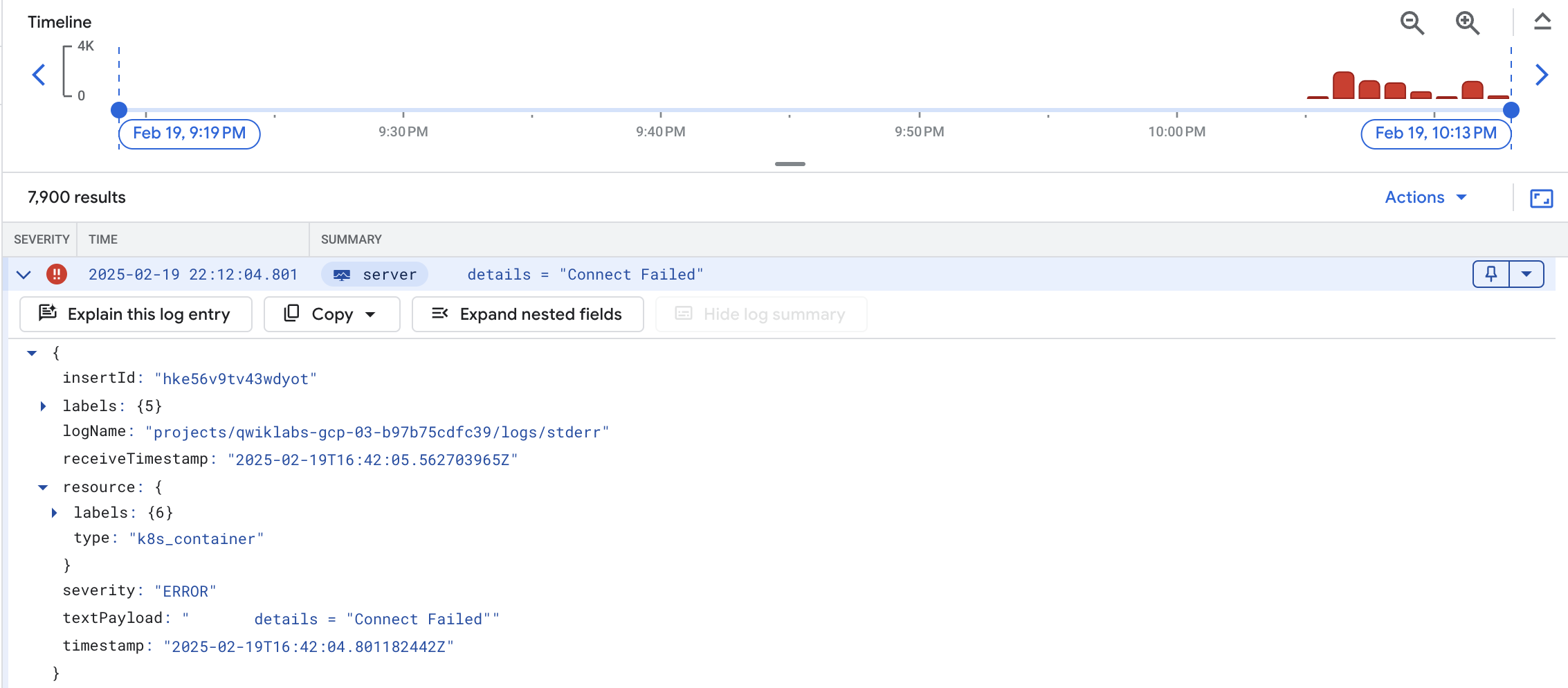 The expanded Connect Failed query result