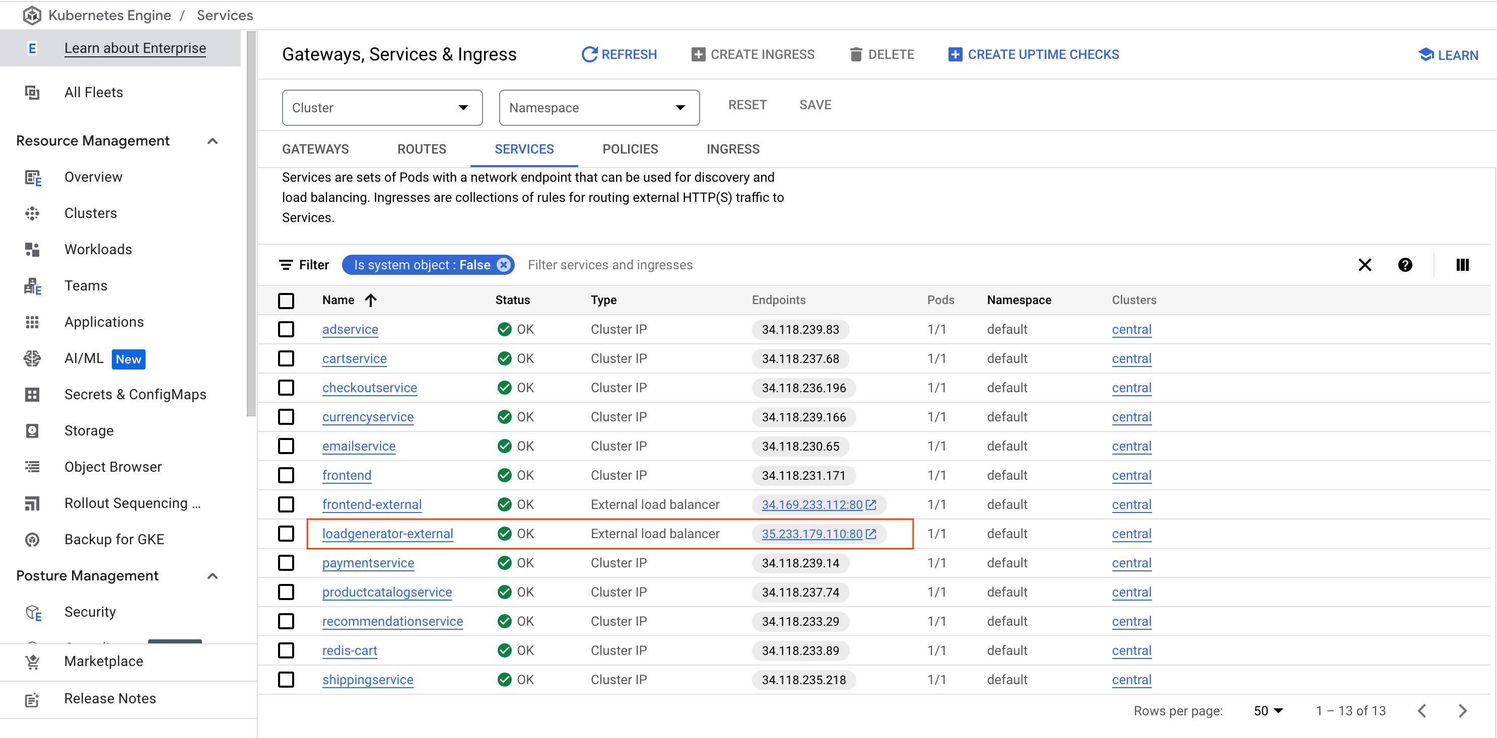 The Services and Ingress page open on the Services tabbed page, which displays the highlighted loadgenerator-external service and endpoints link.