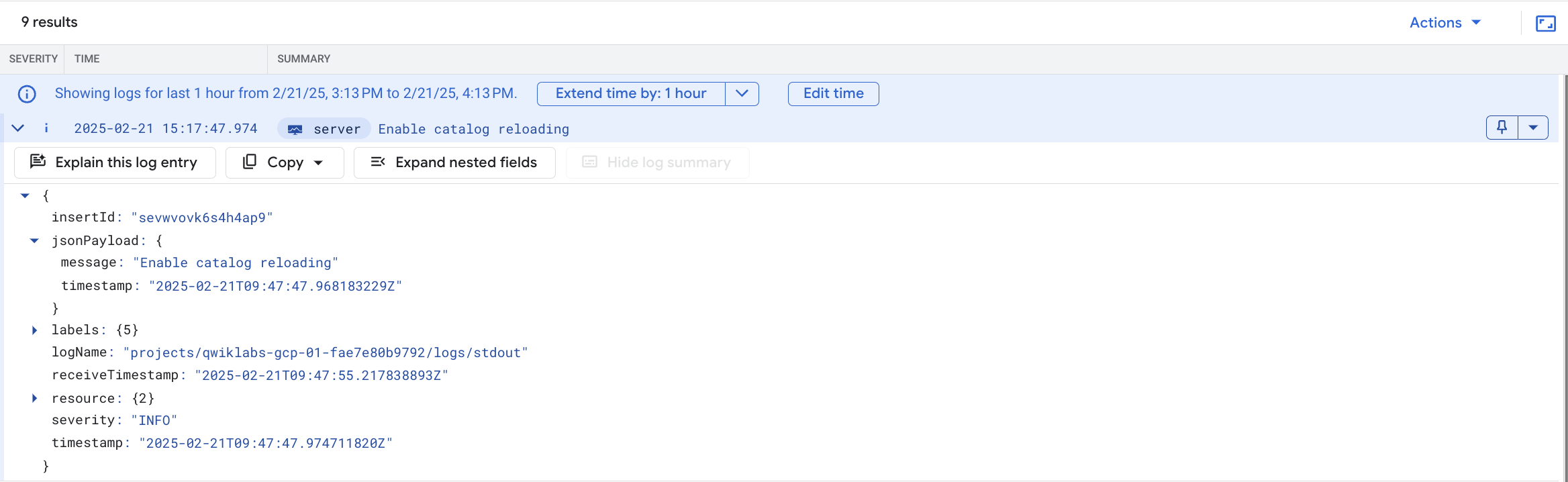 The Enable catalog reloading message in the container log