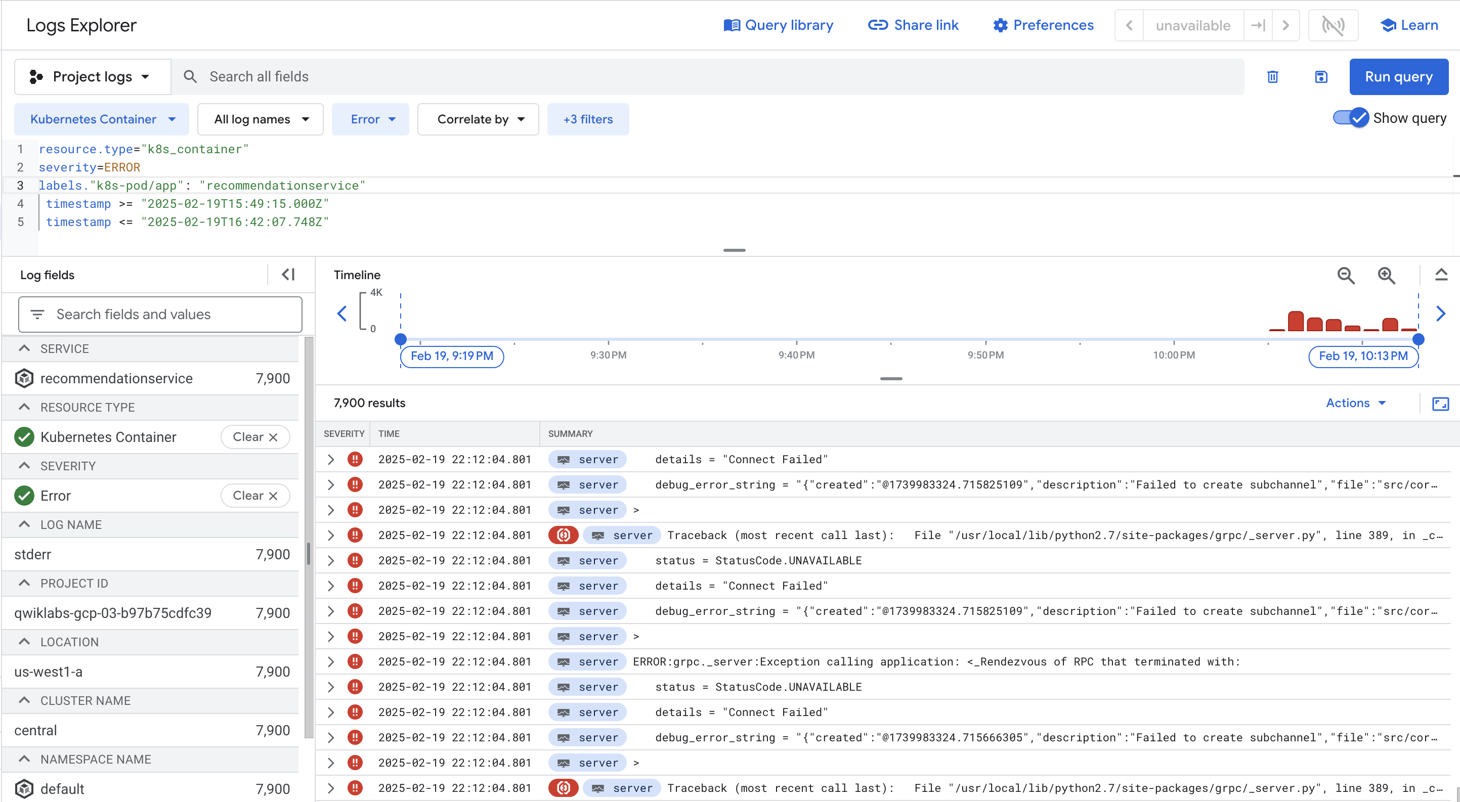 The Logs Explorer page open on the Query builder tabbed page, displaying a list of errors in the Query results section